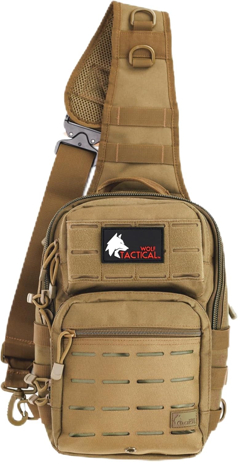 WOLF TACTICAL Men’s Sling Bag - EDC Concealed Carry, Lightweight, Laser-Cut MOLLE, Tan - Image 1